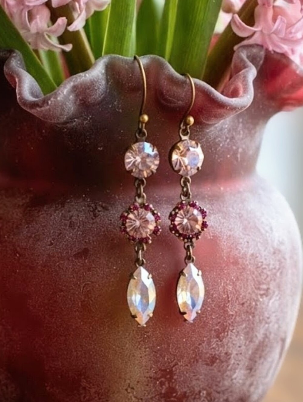 Pink Rose AB Flower Swarovski Crystals In Three Tier Brass Handmade Earrings